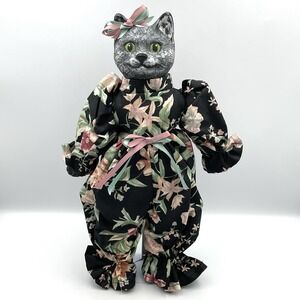 Vintage 1990s Duncan Enterprises Cat Doll Gray 15" With Dress Ceramic Head/Paws